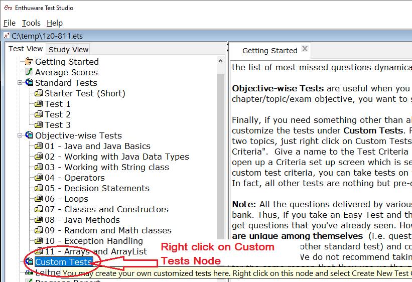 Right click on Custom Tests node to create a Test Criteria first